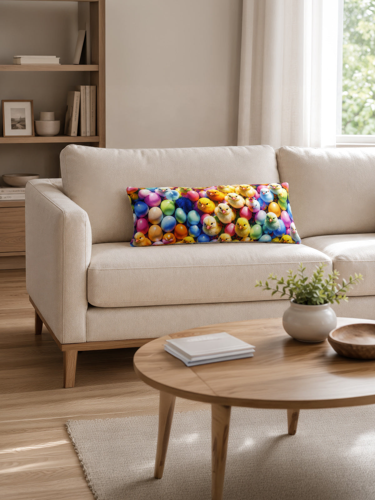 A rectangular lumbar throw pillow with a colorful pattern of cartoon Easter eggs, styled on a cream-colored sofa in a modern living room setting.