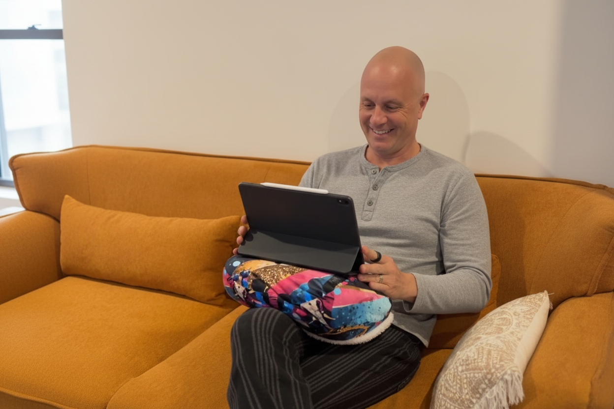 Happy man using iPad on triangle Hugglebud - accurate angle
